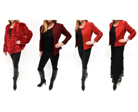 CAROLINE CHARLES; a red faux fur short jacket with long sleeves&nbsp;and lined with black silk, size UK 12, a burgundy colour