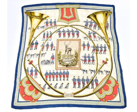 HERMÈS; a 100% silk blue, gold and red twill scarf 'Sonneurs de Trompe', depicting hunting trumpets, hounds, hunting attire a