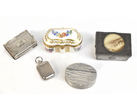 A Limoges porcelain trinket box, width 6.2cm, a Sheffield pewter snuff box, a vesta case with engraved initials, a seal box c
