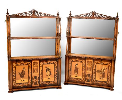 A pair of 19th century Viennese&nbsp;rosewood and satinwood waterfall wall cabinets, each with inlaid and pen work figural pa