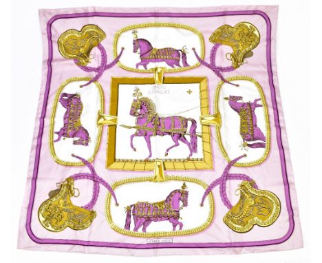 HERMÈS; a 'Carré 90' pink, gold and lilac silk scarf 'Grand Apparat', originally designed by Jacques Eudel and first issued i