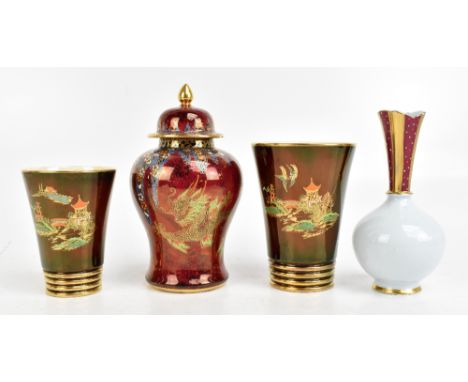 CARLTON WARE; two 'Rouge Royale' tapered vases, the largest&nbsp;height 16.3cm, a Crown Devon vase (af), and a Royal Stuart v