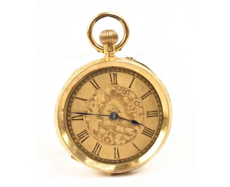 A lady's 18ct yellow gold crown wind fob watch, the circular dial with filigree decoration aside a Roman numerals chapter rin