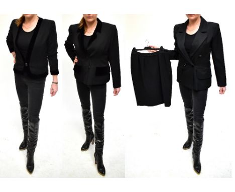YVES SAINT LAURENT 'RIVE GAUCHE'; a black fully lined wool double breasted jacket with long sleeves, unusual black textured b