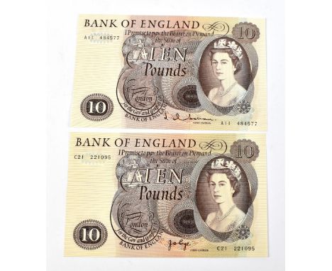 GREAT BRITIAN; two Bank of England £10 notes, the first J. Hollom S/N A11 484577, the second J. Page S/N C21 221095 (2).Addit