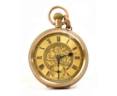 A lady's 9ct yellow gold crown wind fob watch, the circular dial with filigree decoration flanked by Roman numerals and subsi