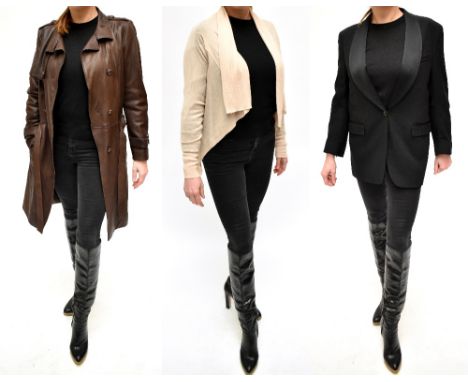 JOSEPH; a full-length brown lambskin leather soft leather coat with toggles and a tie belt, size 38, a black cotton blazer, s