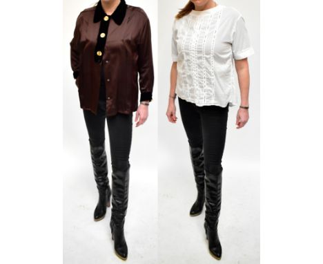 CHANEL; a brown silk long blouse with pleated front, black velvet collar and cuffs, and three large heavy gold tone Chanel bu
