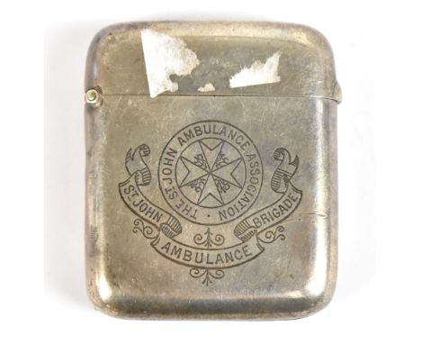 BOER WAR INTEREST; a Victorian hallmarked silver vesta case inscribed to front 'The St John Ambulance Association, St John Am