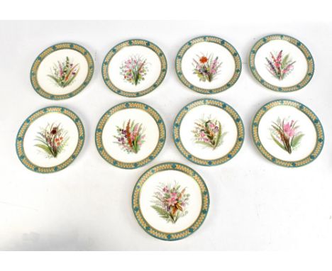 ROYAL WORCESTER; a 19th century botanical painted part dessert service with turquoise ground and gilt heightened borders comp