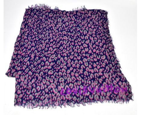 LOUIS VUITTON; a pink, grey, blue and purple cashmere and silk leopard pattern scarf/stole designed by Stephen Sprouse, with 