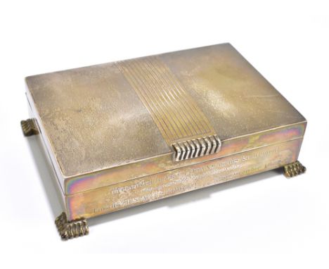 GOLDSMITHS &amp; SILVERSMITHS COMPANY; an Elizabeth II hallmarked silver cigarette box in the Art Deco style with engine turn