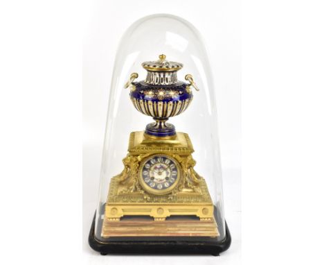 JAPY FRERES; a good and large late 19th century French gilt metal eight day mantel clock with jewelled and pierced porcelain 