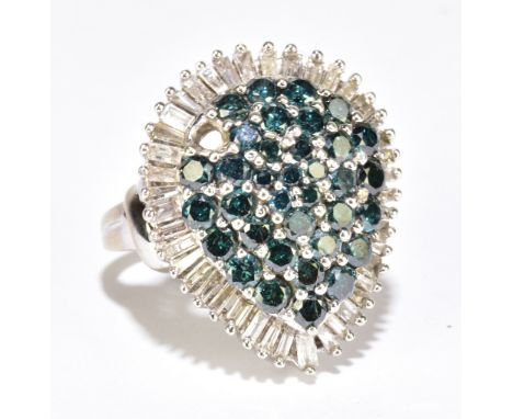 A 14ct white gold, green brilliant and white baguette cut diamond cocktail ring, marked 14k to band interior, size L, approx 