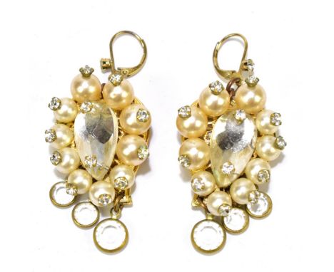 STANLEY HAGLER; a pair of vintage, circa 1980s, faux pearl crystal diamante gold tone filigree large pierced ear earrings, th