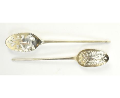 Two Georgian silver mote spoons of typical form with pierced bowls, the larger with maker's mark 'N O' / 'O M', the smaller '