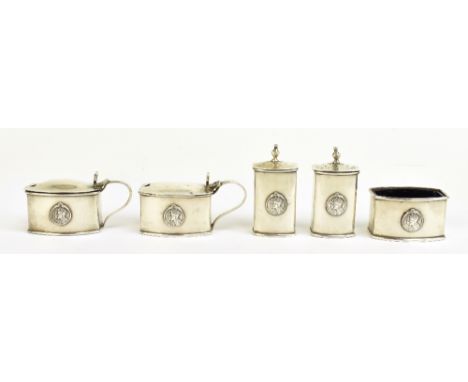 WILLIAM HAIR HASELER; a George V&nbsp;hallmarked silver five piece cruet, each applied with central coronation roundel,&nbsp;