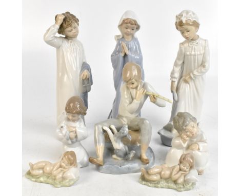 LLADRO; four cherubs including two winged examples, three Nao figures and a further similar figure of boy playing flute with 