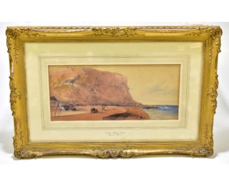 JAMES BAKER PYNE (1800-1870); watercolour, 'Cornish Coast', coastal landscape with figures and dry dock to foreground and cli