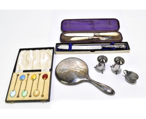 WILLIAM SUCKLING LTD; a cased set of six hallmarked silver gilt apostle teaspoons with guilloché enamel open shell back, Birm