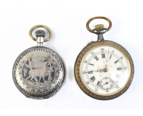 A 19th century Continental base metal open face crown wind pocket watch, the enamelled dial with Roman and Arabic numerals an