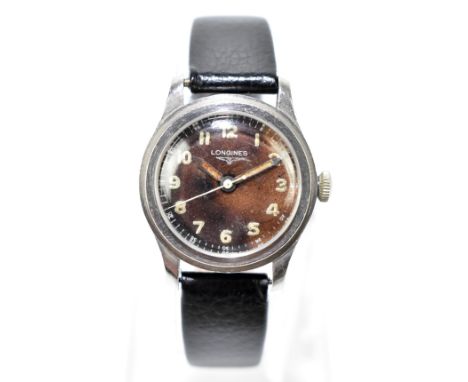 LONGINES; a&nbsp;gentleman's&nbsp;stainless steel&nbsp;wristwatch, the brown dial set with Arabic numerals, signed CIER INOX 