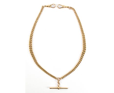 A 9ct yellow gold Albert chain and T-bar, length 39cm, approx 34.6g.Additional InformationMinimal wear and light scratches, b
