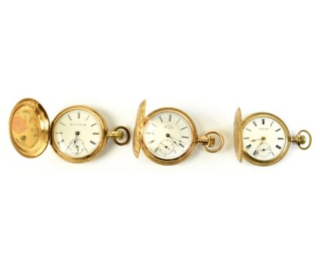 Three gold plated crown wind full hunter pocket watches, two with cast decorated cases, one signed 'P. Bradnick, Barnsley' to