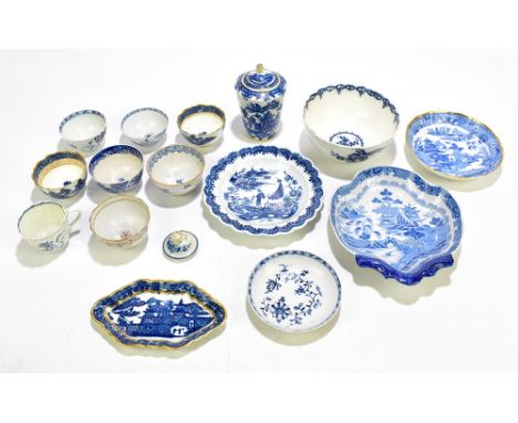 A collection of 18th century and later blue and white porcelain including a tea cannister and cover with rose finial, probabl