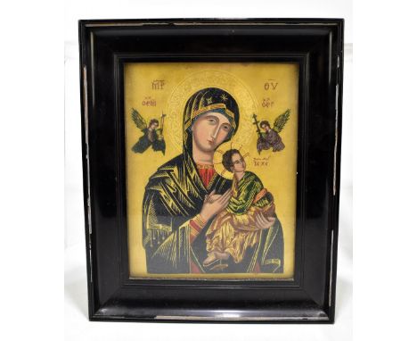 20TH CENTURY RUSSIAN SCHOOL; an icon, 'Mother of Perpetual Help', painted in tempera/gouache and gilt heightened, with four p