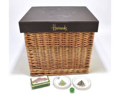 HARRODS; a large wicker hamper box with faux leather lid embossed with Harrods logo, 42 x 42cm, a ceramic Harrods trinket box