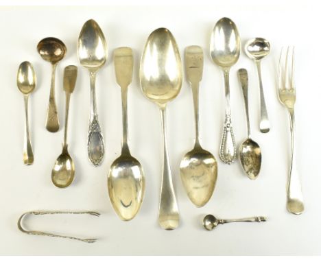 A group of 18th century and later variously hallmarked flatware including a George II tablespoon, London 1759 (probably), a f