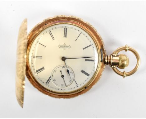 ELGIN; a lady's 18ct gold full hunter crown wind pocket watch, the case with chased decoration in the form of an open shell, 