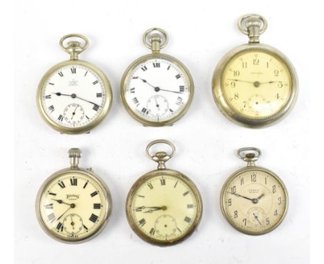 Six base metal cased crown wind pocket watches&nbsp;including a large Waltham example with Arabic numerals and&nbsp;subsidiar
