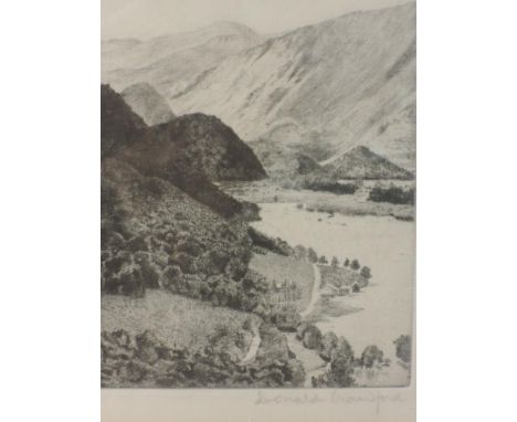 An etching, after Donald Crawford, Lodore, signed, 17 x 14cm, plus frame and glazed, and an etching, Edward Cheney, St Pauls,