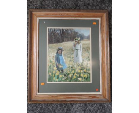 A print, after O Pilny, Middle Eastern street view, 60 x 22cm, plus frame and glazed, and an oil painting, daffodil field, 43