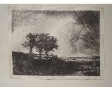 An etching, after Baillie, Rembrandt style landscape, indistinctly signed, 23 x 30cm