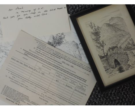 A pen and ink sketch, Alfred Wainwright, Langdale Pikes, signed 15 x 9cm, plus frame and glazed, a Lakes and Lune Water Board
