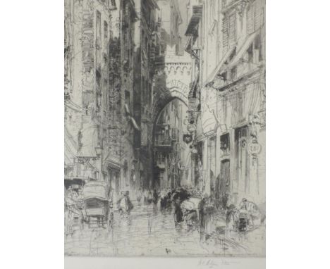 An etching, after Hedley Fitton, Genoa, The House of Columbus, signed, 50 x 30cm, plus frame and glazed