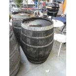 Decorative oak metal banded whiskey barrel