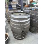 Decorative oak metal banded whiskey barrel