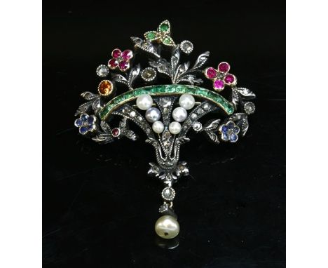 A gemstone, diamond and seed pearl giardinetti brooch, of spray form, with diamond and gemstone flower head clusters of rubie