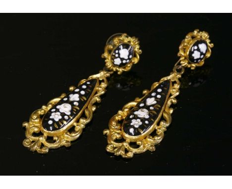 A pair of gilt metal Swiss enamel-style drop earrings, c.1830, with detachable pendant drops, each earring decorated with pan