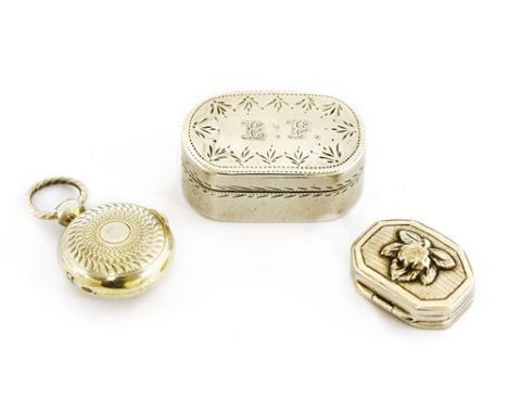 A George III silver snuff box, with engraved initials 'EF' and a border of buds, silver gilt grille to the interior, dated Bi