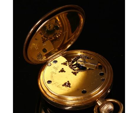 An 18ct gold open-faced pocket watch, with a case, 49mm diameter, with white enamel dial with black Roman numerals, subsidiar