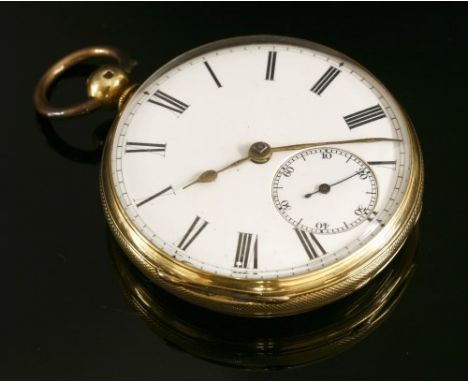 An 18ct gold key wound open-faced pocket watch, with a 48mm case. A white dial with black Roman numerals, subsidiary seconds 