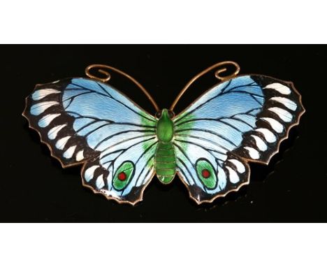A sterling silver and polychrome butterfly enamel brooch, by J Aitkin &amp; Sons, with sky blue, green, red, black and swivel