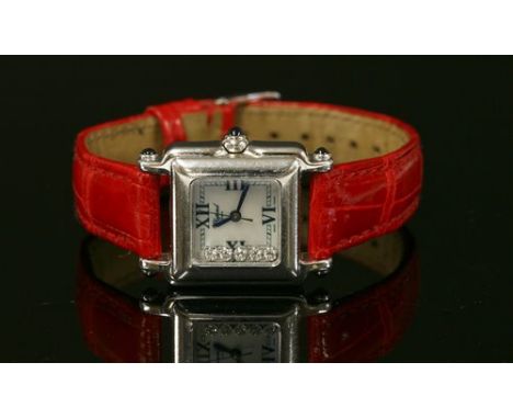 A ladies' stainless steel Chopard 'Happy Sport' quartz strap watch, 27/6850-23 830741 5258. A square case, 22mm, with a mothe