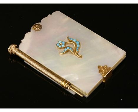 A gold mother-of-pearl, turquoise and gold cased aide-memoire, with mother-of-pearl covers, and ivory leaves. An applied forg