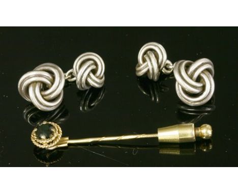 A pair of cased sterling silver knot cufflinks, by Deakin and Francis, with two graduated knots, with chain connections, toge